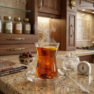 استکان و نعلبکی کمر باریک ساده پاشاباغچه اصل ترکیه پر شده با چای تازه دم و رنگ شفاف چای